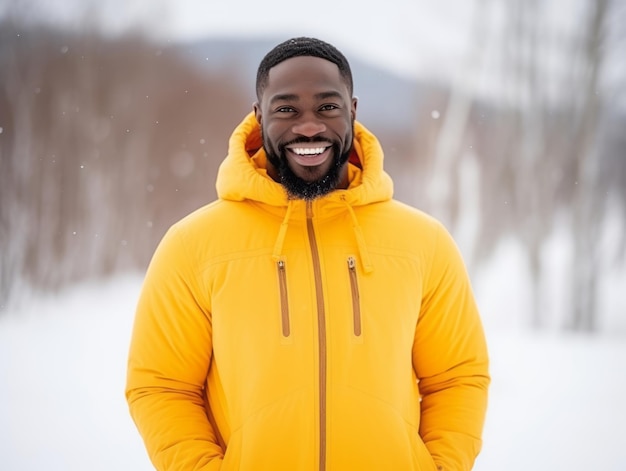 African american man enjoys the winter snowy day in playful emontional dynamic pose