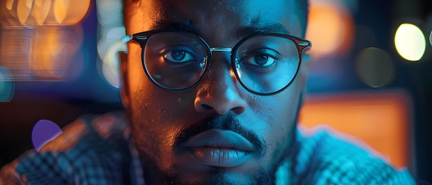 Photo african american man in glasses improving tech skills in modern workspace concept tech skills modern workspace african american man glasses improving skills