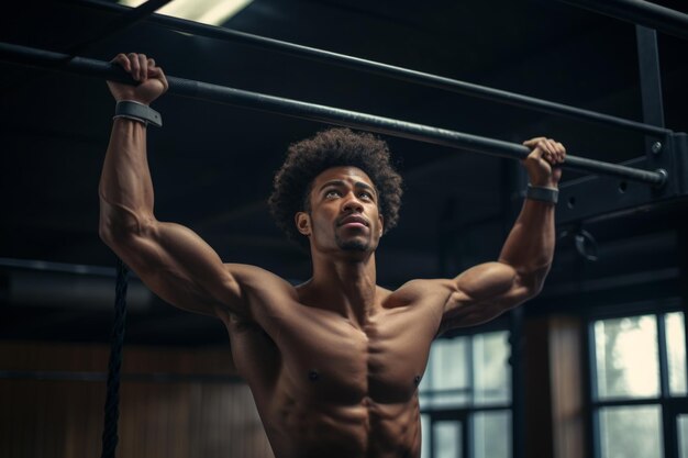 Photo african american man in the gym on the bar generative ai