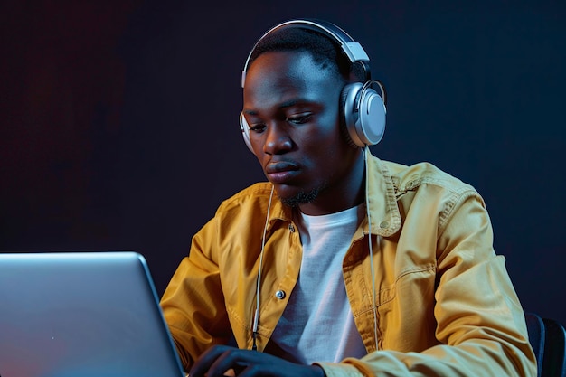 african american man in headphones using laptop computer on dark background