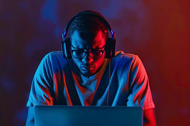 african american man in headphones using laptop computer on dark background