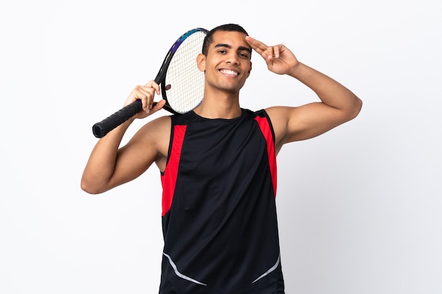 African American man on isolated white playing tennis