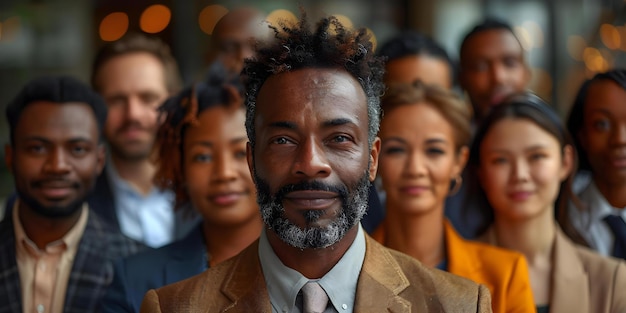 Photo african american man leading a diverse group of business professionals in a modern office setting concept corporate leadership diversity in business modern office environment