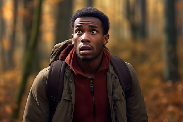 African american man lost in forest at autumn day neural network generated photorealistic image