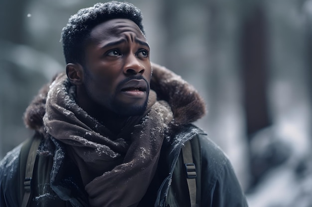 African american man lost in forest at winter evening neural network generated photorealistic image