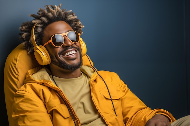 African american man in modern yellow headphones and wearing yellow jacket