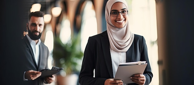 African American man and Muslim businesswoman in office holding documents walking towards camera