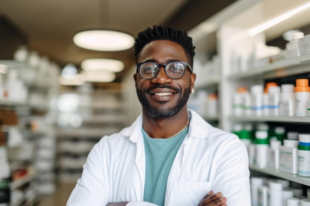 Афроамериканский фармацевт на фоне полок с лекарствами