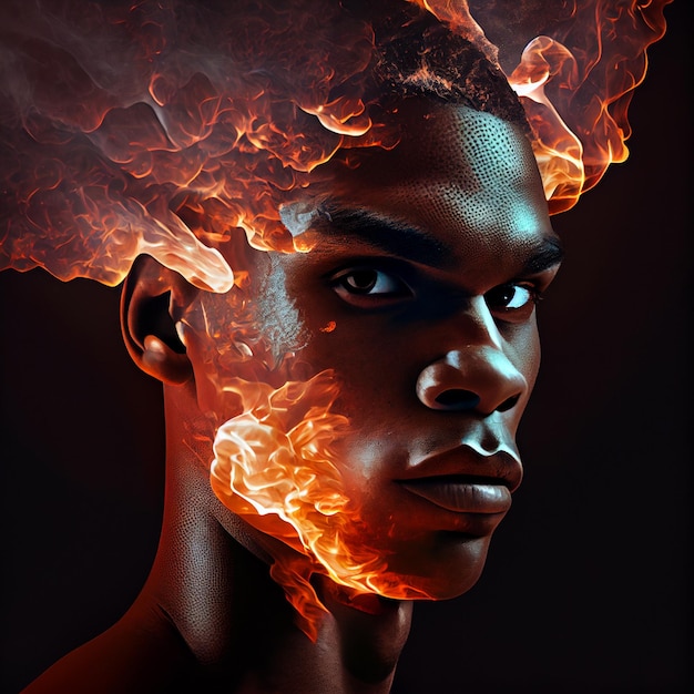 African American man portrait on fire epic avatar 3d render illustration