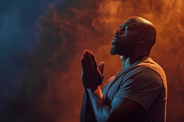 Photo african american man prays to god on black studio background