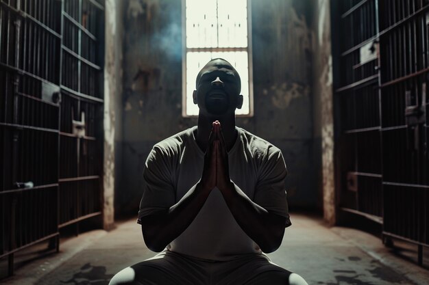 Photo african american man prays to god in dark prison cinematic effect