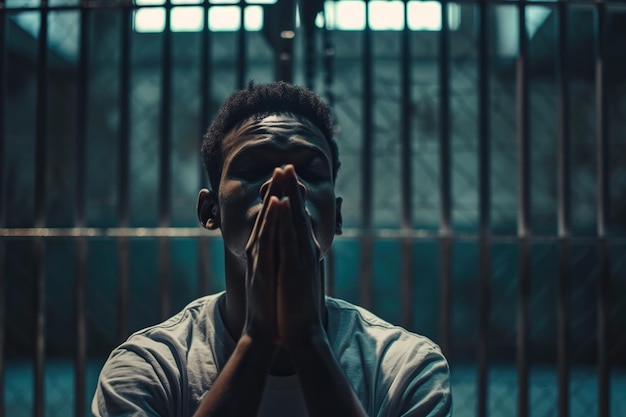 Фото Африканский американец молится богу в темной тюрьме