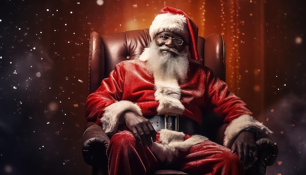 African american man in Santa Claus suit looking and attentively listens to your wish sitting at sofa