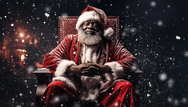 African american man in Santa Claus suit looking and attentively listens to your wish sitting