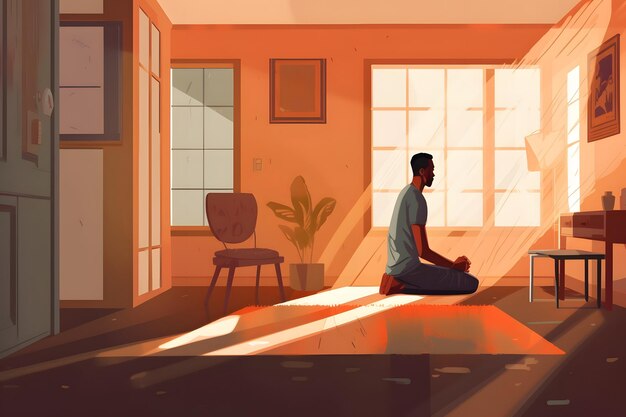 african american man sitting and meditating or praying on the floor of domestic room Neural network generated in May 2023 Not based on any actual person scene or pattern