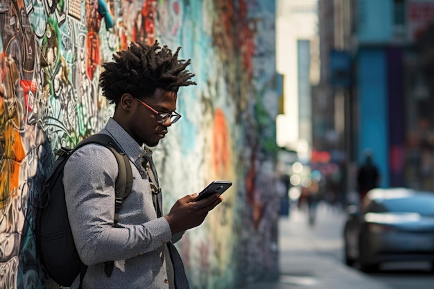 African American man stranding in the city with mobile phone