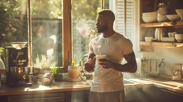 アフリカ系アメリカ人の男性がワークアウト後自宅のキッチンでコーヒーを飲んでいます 太陽は輝いており宇宙は生成的なAIです