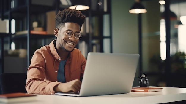 Photo african american man using laptop at coffee shop