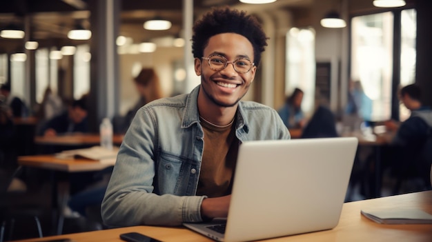 African american man using laptop at coffee shop