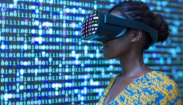 African american man using virtual reality headset with binary code background