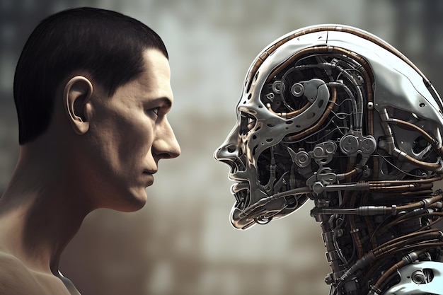Афро-американец против робота смотрят друг на друга лицом к лицу, вид сбоку Нейронная сеть создана в мае 2023 г. Не основана на каких-либо реальных сценах или образах людей