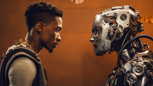 African american man versus robot looking at each other face to face side view neural network