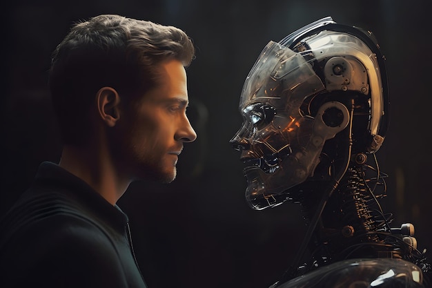 Африканский американец против робота, смотрящего друг на друга лицом к лицу, нейронная сеть, вид сбоку