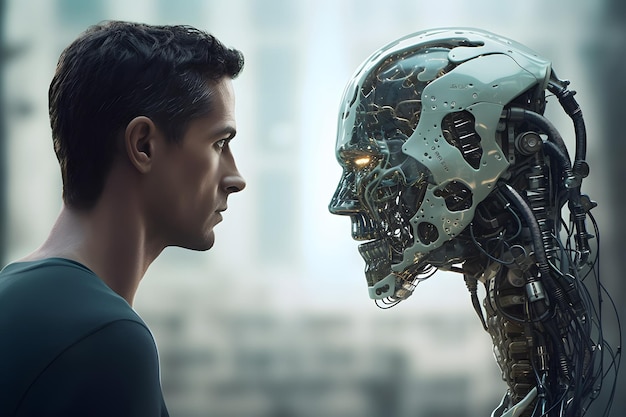 African american man versus robot looking at each other face to face side view neural network