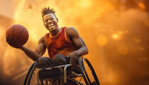 African American man in wheelchair playing basketball