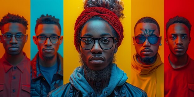 Photo african american man with dreadlocks and glasses looking at camera on multicolored background