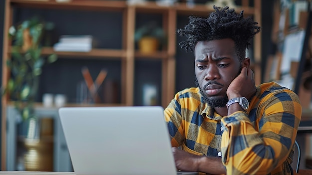 African American man working on laptop feeling tired and sad Generative Ai