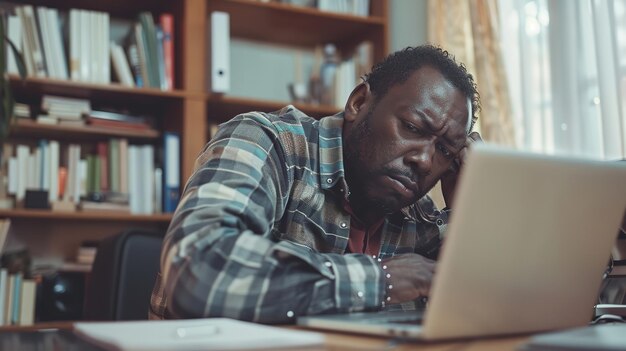 African American man working on laptop feeling tired and sad Generative Ai