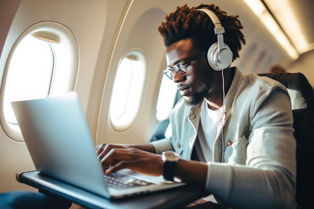 African American man working with laptop in aircraft cabin