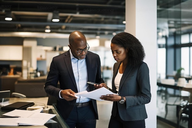 african american mid adult business professionals discussing over document while standing in office