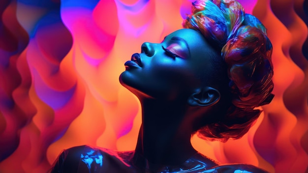 African American Model Under Colorful Neon Illumination AI Generated