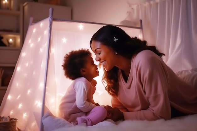 African American mother and daughter in pink clothes and in a pink children's room interior