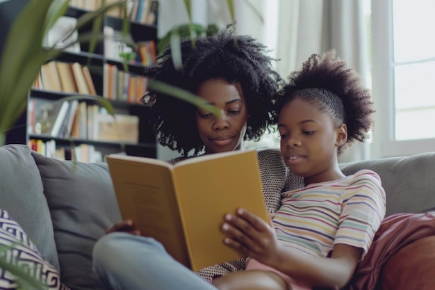 Photo african american mother and daughter reading during quarantine