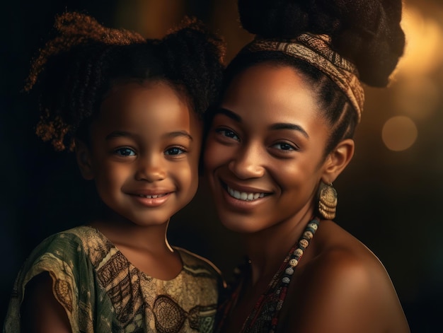 幸せそうに微笑むアフリカ系アメリカ人の母と娘 生成 AI