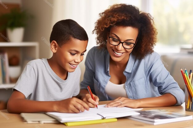 Photo african american mother help her son with homework home education concept