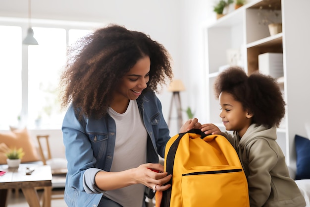 Африканско-американская мать помогает своему ребенку упаковывать школьный рюкзак в гостиной