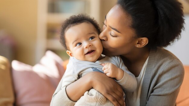 Photo african american mother kissing her baby and taking care of him