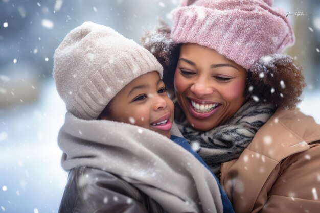 아프리카계 미국인 어머니 와 아들 이 야외 에서 겨울 을 즐기고 있다