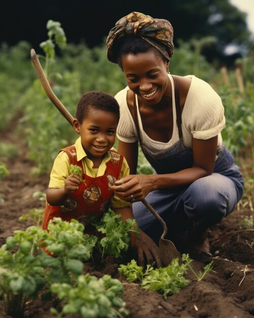 African American mother and son sitting together in a field