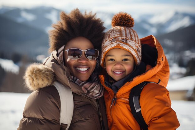 African American mother with son in a wintery landscape