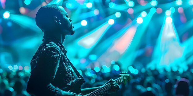 Foto musicista afroamericano che si esibisce in uno stadio pieno di persone con luci appariscenti e folla concerti concettuali musico afroamericano stadium pieno di persone luce appariscente