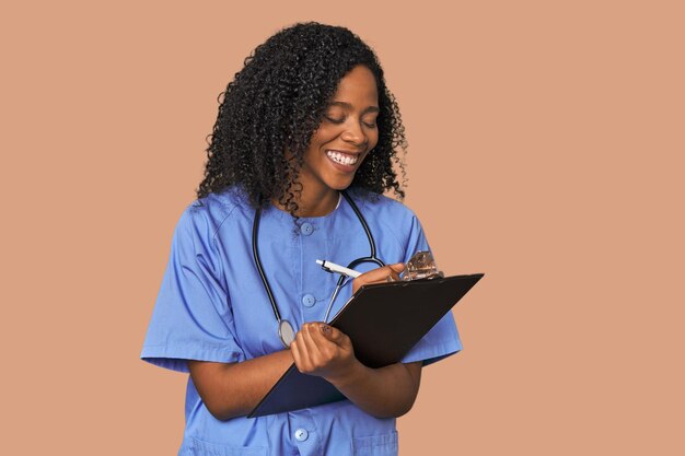 African American nurse with patient report