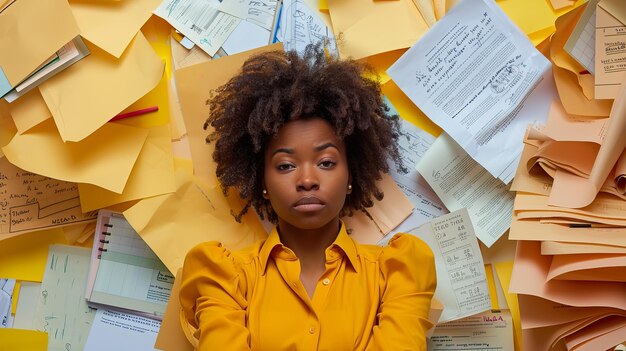 African american office worker lying on pile of papers