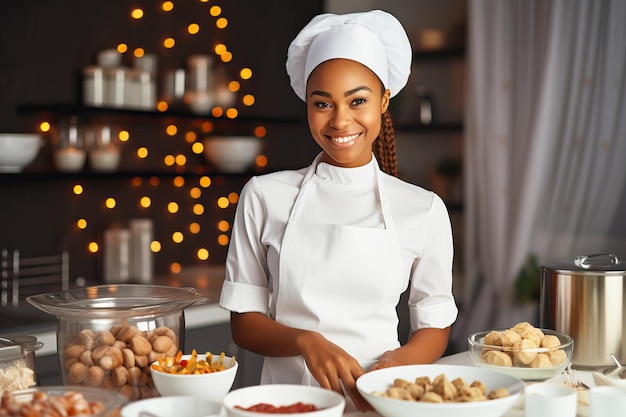 Африканско-американская кондитерская шеф-повар женщина готовит десерты на профессиональной кухне
