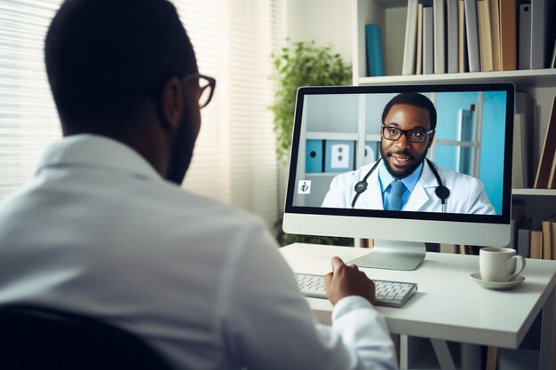 Photo african american patient discussing with therapist doctor during online videocall meeting