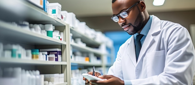 African American pharmacist at work in pharmacy checking medicine supplies